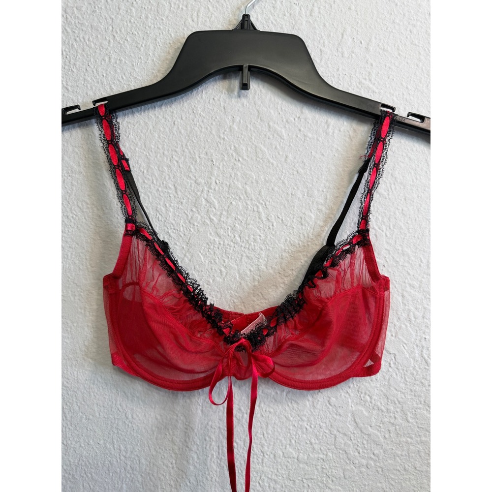 Vintage Y2K Victoria's Secret Red Sheer Mesh Black Lace Trim Ribbon Bow Bra 34C
